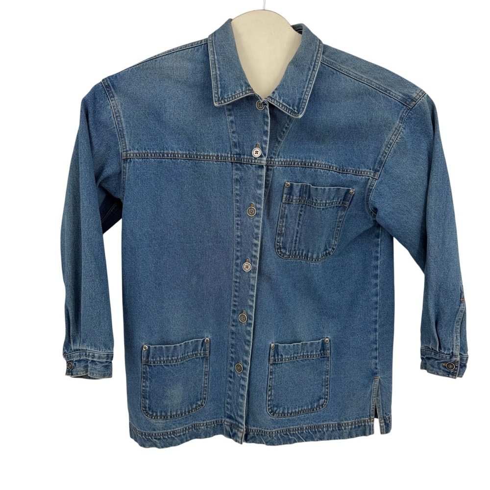 Crossroads Denim Jacket Women Medium Blue Angel Patch Chore Coat Cotton Shacket